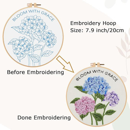 Nuberlic Hydrangea Embroidery Kits for Beginner Adults Cross Stitch Kit with Stamped Pattern Include Cloth Hoops Threads Needles