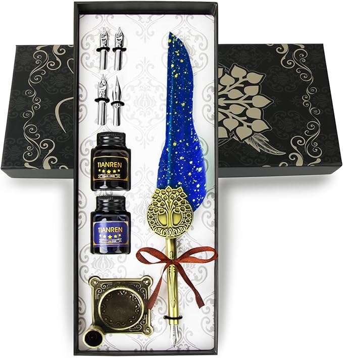 TIANREN Feather Pen and Ink Set,quill pen ink set,Antique Calligraphy Pen with 4 Replaceable Nibs,2 Bottle of ink,Pen Holder Christmas Gift for Men&Women.(Blue)