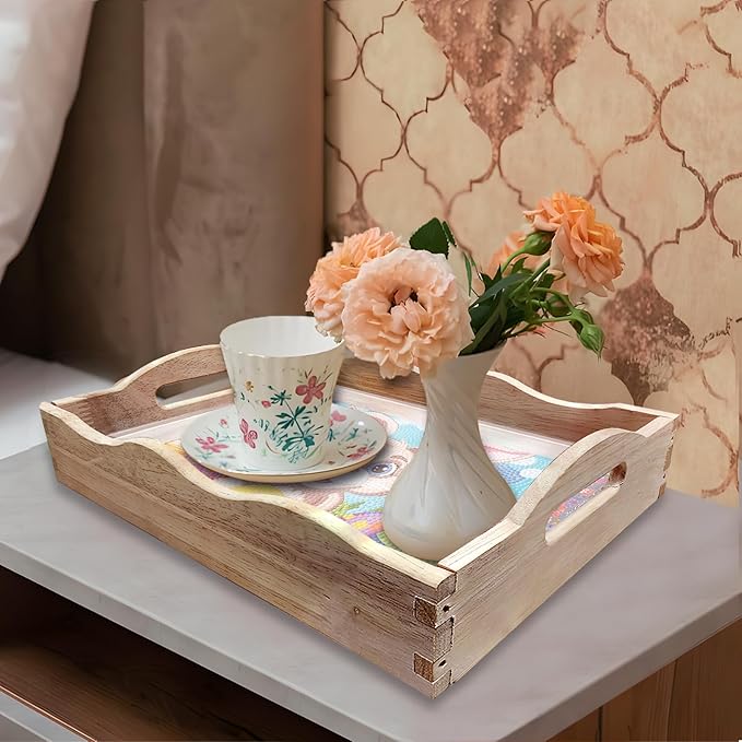 FGbaby DIY 5D Easter Bunny Eggs Diamond Painting Wood Serving Tray with Handles Diamond Art Decor Serving Trays Wooden Tray for Breakfast in Bed, Patio, BBQ, Coffee Table, Party –Great for Lap & Couch