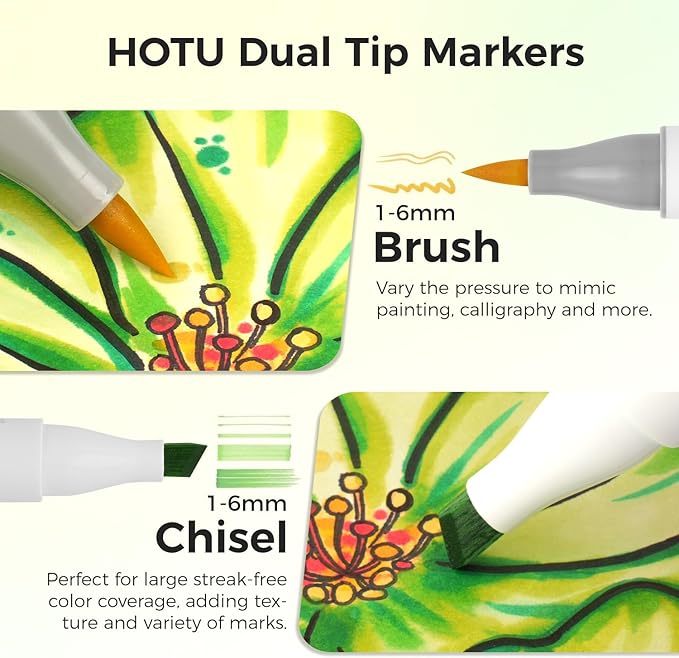 HOTU 120 Colors Alcohol Markers, Dual Tip Brush & Chisel for Adult Coloring Books No Bleed Alcohol-Based Art Markers Set with Case, Blender Anti-Bleed Pad for Illustration Sketching