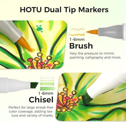 HOTU 120 Colors Alcohol Markers, Dual Tip Brush & Chisel for Adult Coloring Books No Bleed Alcohol-Based Art Markers Set with Case, Blender Anti-Bleed Pad for Illustration Sketching