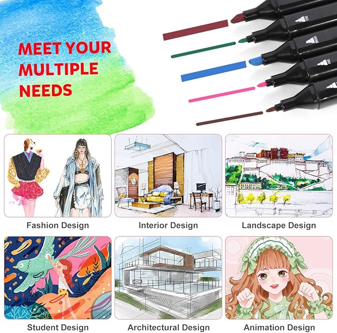 CREATSPARK Alcohol Markers 168 Colors with Base Dual Tip Art Drawing Markers for Anime Sketch Illustrations - Refillable