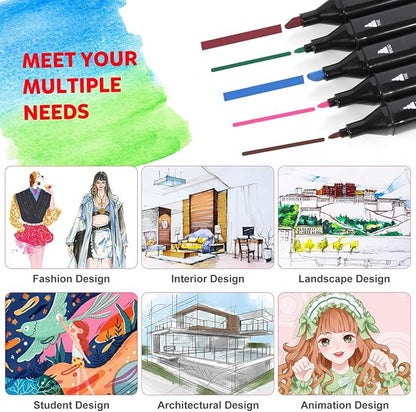 CREATSPARK Alcohol Markers 168 Colors with Base Dual Tip Art Drawing Markers for Anime Sketch Illustrations - Refillable