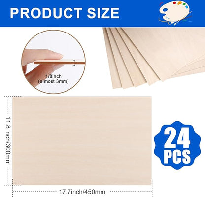 24 Pack Basswood Sheets for Crafts 12x18x1/8 Inch, 3mm Thick Unfinished Plywood for Laser Cutting & Engraving, DIY Ornaments and Architectural Model