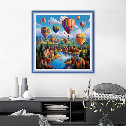 Joyhoor Cross Stitch Kits for Beginners Stamped Cross-Stitch Supplies Needlework preprint Embroidery Kits for Adults DIY Needlepoint Kits Embroidery Patterns 11CT-Colorful hot air Balloon 18.x18 inch