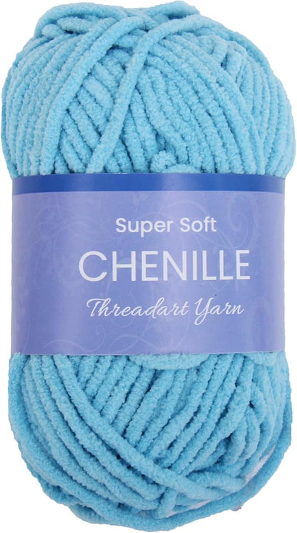 ThreadArt Chenille Yarn for Crocheting, Knitting, Amigurumi, Super Soft Plush Velvet Yarn - 50 Gram 60 yds #5 Fluffy Yarn Skeins - Aqua 09