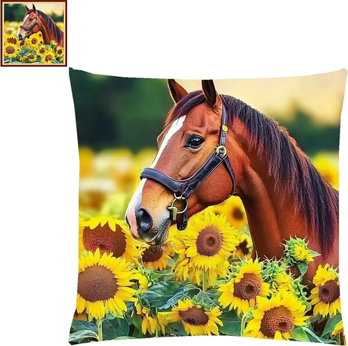 Lovxvouy Pillow Cross Stitch Kits for Adults Beginners-Preprinted Needlepoint Kit Stamped Crossstitching Kits 11CT Cross-Stitch Kit Stitches Kit Embroidery Kits-Sunflower and Steed 18x18 inchs