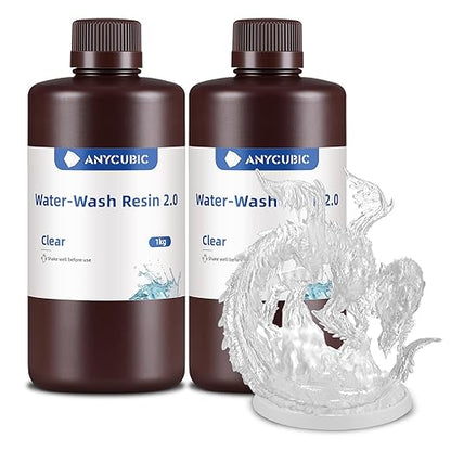 ANYCUBIC Water Washable Resin 2.0 Bundle, 3D Printer Resin with Low Viscosity and Fast Printing, 405nm High Precision 3D Resin, 8K Capable LCD DLP 3D Printing (Clear+Clear, 2kg)