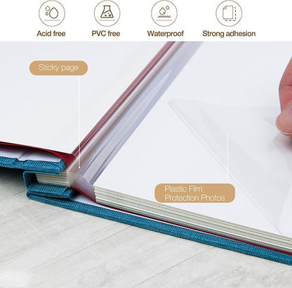 potricher Large Photo Album Self Adhesive 3x5 4x6 5x7 8x10 10x12 Pictures Linen Cover 80 Blank Pages Magnetic DIY Scrapbook Album with A Metallic Pen (Blue, 13.2x12.8 inches 80 Pages)