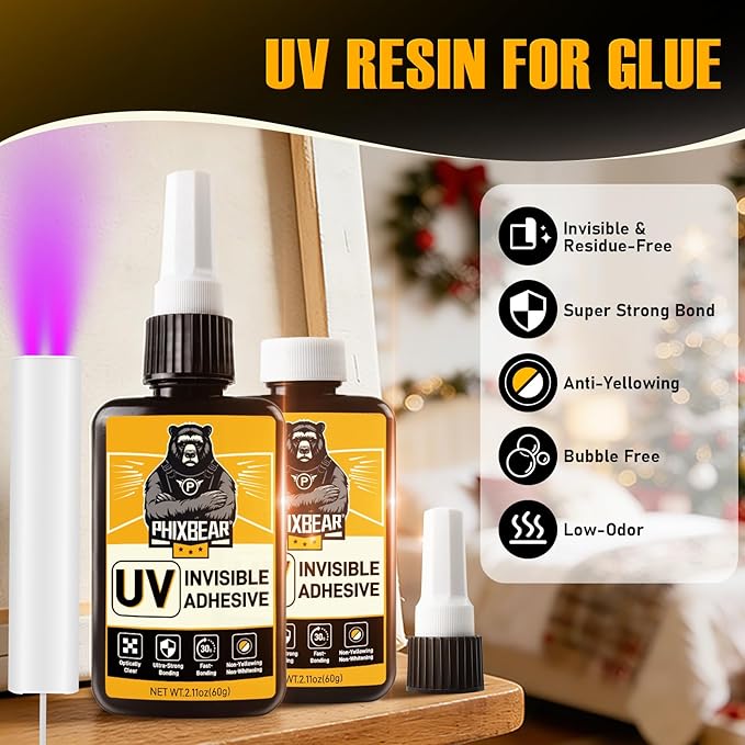 PHIXBEAR Invisible Repair UV Resin Kit with Light, Strong Bond - Clear Anti-Yellowing UV Glue, Epoxy Resin for Jewelry, Crafts, and Repairing Plastic, Glass & Acrylic 2×60g