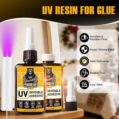 PHIXBEAR Invisible Repair UV Resin Kit with Light, Strong Bond - Clear Anti-Yellowing UV Glue, Epoxy Resin for Jewelry, Crafts, and Repairing Plastic, Glass & Acrylic 2×60g