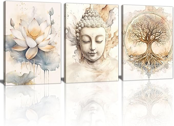 WENGTIAO 3Pcs Zen Canvas Wall Art Prints Beige Tree of Life Wall Paintings Buddha Lotus Pictures Posters Religious Spiritual Meditation Room Decor for Living Room Bedroom Spa Office 16x24x3Pcs