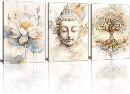 WENGTIAO 3Pcs Zen Canvas Wall Art Prints Beige Tree of Life Wall Paintings Buddha Lotus Pictures Posters Religious Spiritual Meditation Room Decor for Living Room Bedroom Spa Office 16x24x3Pcs