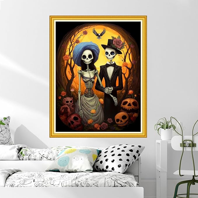 DMCVIVR Stamped Cross Stitch Kits for Beginners Adults Needlepoint Kits for Beginners Embroidery Kits for Adults Crossstitch Kit for Beginners 11CT-Skeleton Couple 16x20 inch