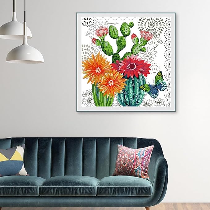 Qeerysew Cross Stitch Kits Stamped Full Range of Embroidery Starter Kits for Beginners DIY- Printed Kits Prickly Pear Flower(Printed) 11CT18.9x18.9inches