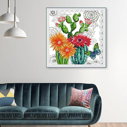 Qeerysew Cross Stitch Kits Stamped Full Range of Embroidery Starter Kits for Beginners DIY- Printed Kits Prickly Pear Flower(Printed) 11CT18.9x18.9inches