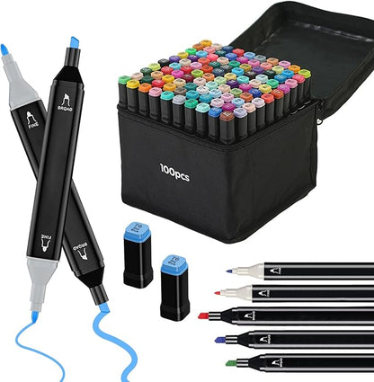 Cautyfky 100 Colors Dual Tip Alcohol Markers, Dual Tips Art Markers, Permanent Sketch Marker Set for Adults Coloring, Painting, Sketching, Illustrations