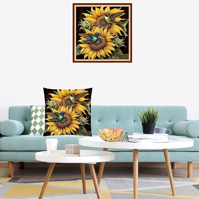Lovxvouy Pillow Cross Stitch Kits for Adults Beginners-Preprinted Needlepoint Kit Stamped Crossstitching Kits 11CT Cross-Stitch Kit Stitches Kit Embroidery Kits-Bird Sunflower 18x18 inchs