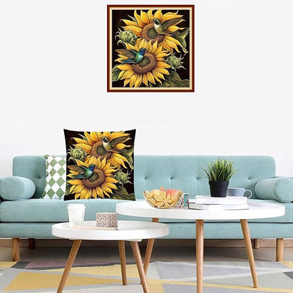 Lovxvouy Pillow Cross Stitch Kits for Adults Beginners-Preprinted Needlepoint Kit Stamped Crossstitching Kits 11CT Cross-Stitch Kit Stitches Kit Embroidery Kits-Bird Sunflower 18x18 inchs