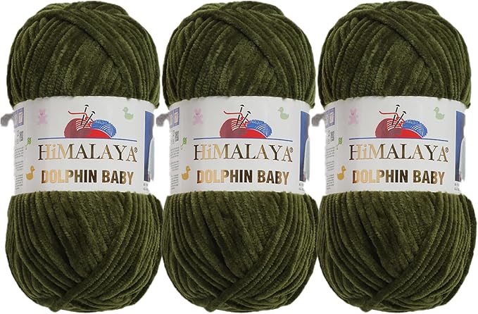3 Skein/Pack Himalaya Dolphin Baby Chenille Yarn, Each Ball 100 gr (3.5 oz), 120 m (132 Yards), 100% Polyester, Super Bulky Baby Blanket Velvet Amigurumi Yarn, 80361 - Olive Drab