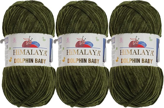 3 Skein/Pack Himalaya Dolphin Baby Chenille Yarn, Each Ball 100 gr (3.5 oz), 120 m (132 Yards), 100% Polyester, Super Bulky Baby Blanket Velvet Amigurumi Yarn, 80361 - Olive Drab