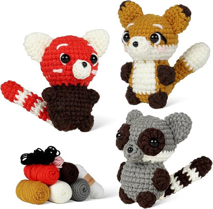 MOREJMTT Crochet Kit for Beginners, Crochet Animal Kits,Crocheting Kit for Starters with Step-by-Step Video Tutorials, Knitting kit (3Pack Forest Animals)