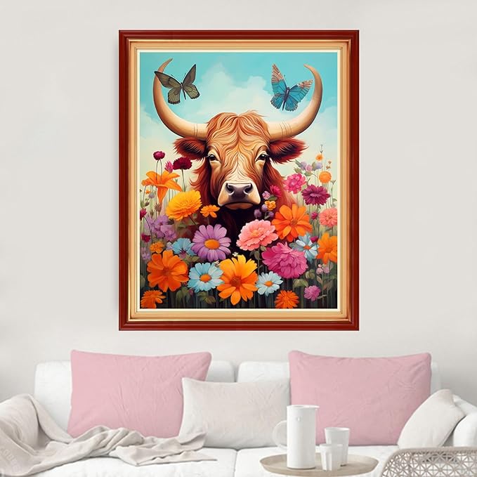 Dimxvean Stamped Cross Stitch Kits,Cross Stitch Kits for Adults Beginners,Embroidery Kits Full Range of Cross Stitch Stamped Kits Needlepoint Kits Cross Stitch Patterns-Colored Cow Flower 16x20 inch