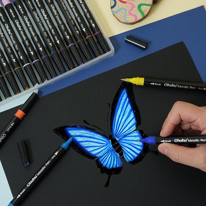 Ohuhu Markers Metallic Pens: 24 Colors Water-based for Adults Mandala Coloring Book Glitter Shimmer Markers for Black White Paper Glass Rock Birthday Card Making Halloween Pumpkin Ceramics DIY