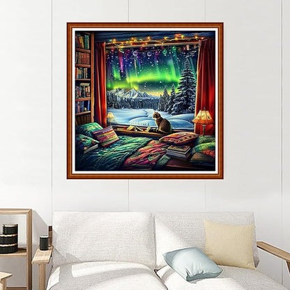 Joyhoor Stamped Cross Stitch Kits for Beginners Needlepoint Kits for Adults Embroidery Kits 11CT Counted Cross Stitch Kits Printed Embroidery Pattern-Outdoor Aurora Borealis Scenery 18x18 inchs
