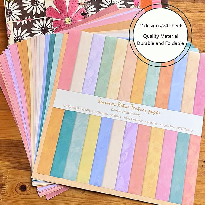 Scrapbook Paper 12x12 Solid Colors, 24 Sheets/24 Designs Double-Sided Colorful Summer Style Scrapbook Paper Pad, Decorative Paper for Junk Journals Greeting Cards Decoration (Summer, 12x12 in)