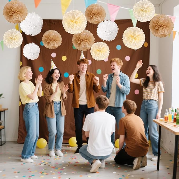 SUNBEAUTY 15 PCS Boho Champagne Pom Poms Tissue Paper Flowers, Wall Hanging Decor Neutral Party Wedding Decorations,Cream Beige White Paper Flowers for Wedding Birthday Bridal Showers Party Supplies