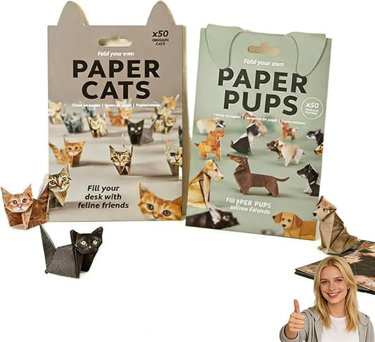 2PCS DIY Craft Set with Pre-printed Sheets - Paper Cats Origami Kit, Fold Your Own Cat & Dog Paper Art, Creative Desk Decor for Beginners