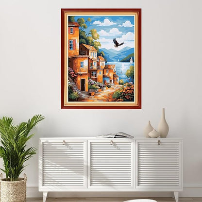 Foxhool Stamped Cross Stitch Kits,11CT Printed Cross Stitch Pattern Full Embroidery Kits for Beginner Needlepoint Kits-Seaside Houses 16x20 inchs