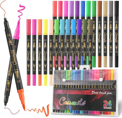 CAISEXILE 24 Colors Duo Tip Pen Art Markers, Artist Fine & Brush Tip Marker Coloring Markers for Adult Coloring Books Journaling Note Taking Lettering Calligraphy Drawing Pens Supplies