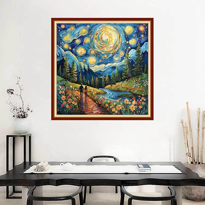Joyhoor Stamped Cross Stitch Kits for Beginners Needlepoint Kits for Adults Embroidery Kits 11CT Counted Cross Stitch Kits Printed Embroidery Pattern-Van Gogh Starry Sky Couple 18x18 inchs