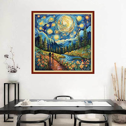 Joyhoor Stamped Cross Stitch Kits for Beginners Needlepoint Kits for Adults Embroidery Kits 11CT Counted Cross Stitch Kits Printed Embroidery Pattern-Van Gogh Starry Sky Couple 18x18 inchs
