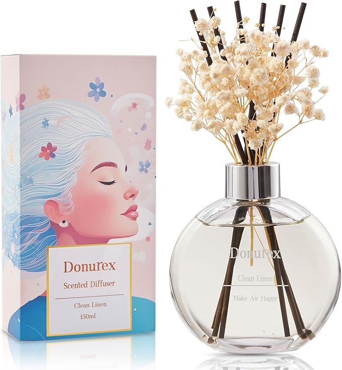 Donurex Flower Reed Diffuser Set 5.07oz Clean Linen Scent Diffuser with Sticks Home Fragrance Reed Diffuser for Bathroom Shelf Decor