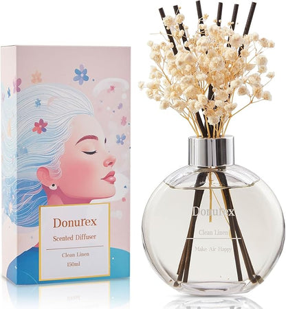 Donurex Flower Reed Diffuser Set 5.07oz Clean Linen Scent Diffuser with Sticks Home Fragrance Reed Diffuser for Bathroom Shelf Decor