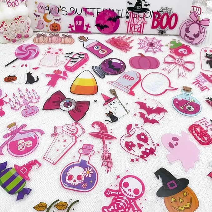 50PCS Cute Pink Halloween Stickers – Kawaii Ghosts, Pumpkins, Cats, Witch Hats, Skull & Trick or Treat Vinyl Decals for Scrapbook, Planner, Journal, DIY Crafts, Laptop, Water Bottle Decoration