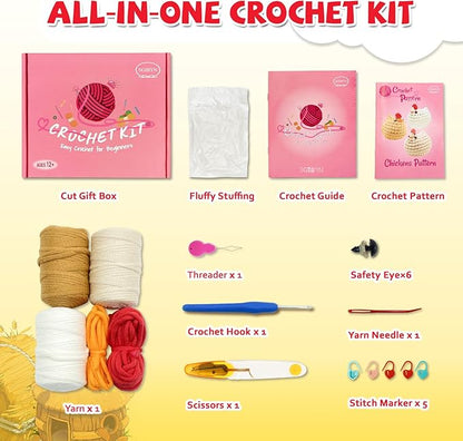 SGIBYN Crochet Kit for Beginners with Step-by-Step Video Tutorials, Starter Crochet Chickens Amigurumi Kit for Teens & Women - Easy DIY Handcraft Knitting Animal Kit - Learn to Crocheting (3 Chickens)