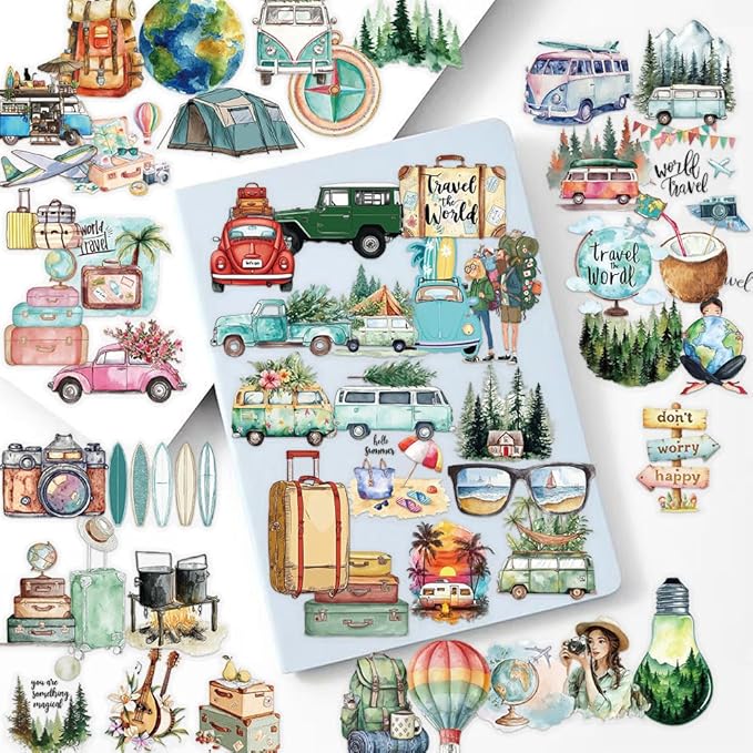 50PCS Vintage Watercolor Travel Stickers – Retro Vacation Clear Aesthetic Outdoor Adventure Stickers for Scrapbooking, Journaling, Luggage, Travel Decor