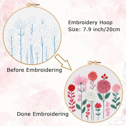 Nuberlic Embroidery Kit for Beginners -Floral Easy Embroidery Kits for Adults Starter Cross Stitch Kit DIY Needlepoint with Step-by-Step Instruction