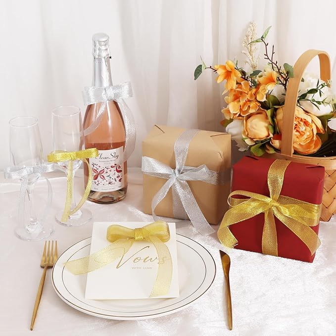 TONIFUL 5 Rolls Christmas Glitter Ribbon Set - Gold & Silver 3/8" & 1" Width x 25 Yards Ribbon for Crafts, Wreath, Tree, Gift Wrapping, Bows, Bouquet, Christmas, Valentine, Thanksgiving, Decoration