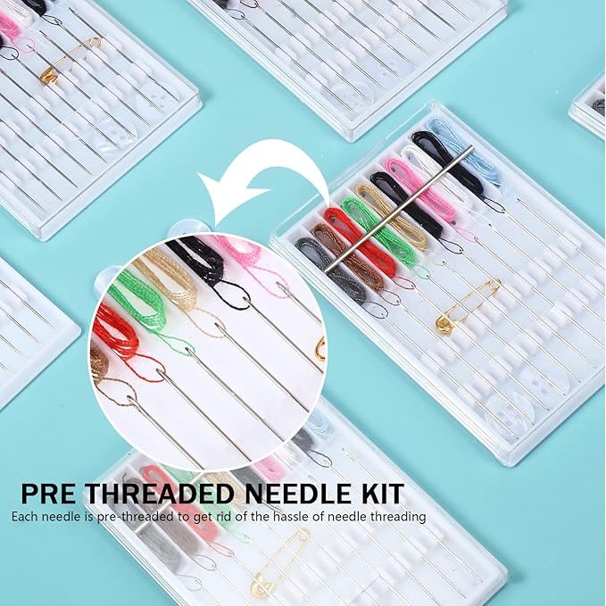 MTLEE 14 Boxes 140 Pieces Mini Quick Fix Sewing Kit Easy Pre Threaded Needle Basic Personal Kit Plastic Threaded Needle Holder Small Home Travel Sewing Box with Pin Button, Assorted Colors