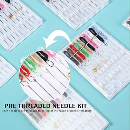 MTLEE 14 Boxes 140 Pieces Mini Quick Fix Sewing Kit Easy Pre Threaded Needle Basic Personal Kit Plastic Threaded Needle Holder Small Home Travel Sewing Box with Pin Button, Assorted Colors