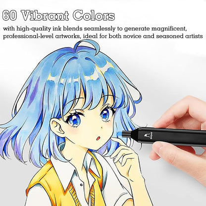 Cautyfky 60 Colors Dual Tip Alcohol Markers, Dual Tips Art Markers, Permanent Sketch Marker Set for Adults Coloring, Painting, Sketching, Illustrations