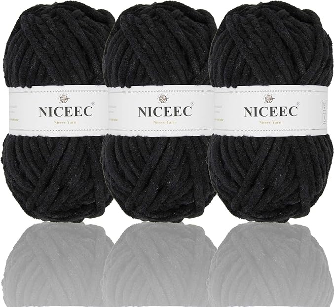 NICEEC 3 Skeins Sparkling Chenille Yarn Soft Blanket Yarn for Crochet & Knitting, Total 165yds/10.6oz - Black