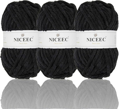 NICEEC 3 Skeins Sparkling Chenille Yarn Soft Blanket Yarn for Crochet & Knitting, Total 165yds/10.6oz - Black