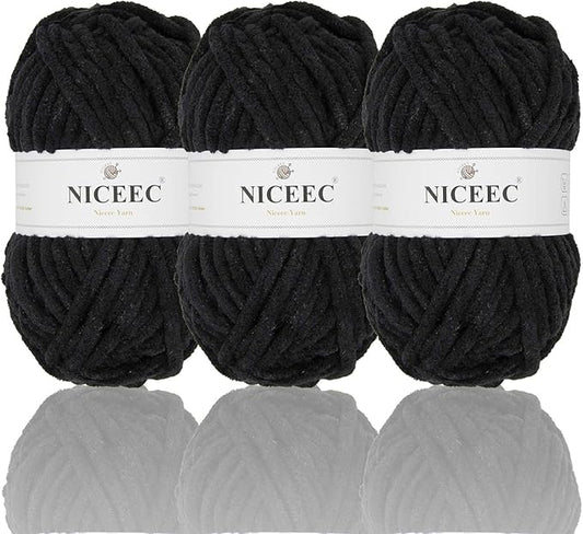 NICEEC 3 Skeins Sparkling Chenille Yarn Soft Blanket Yarn for Crochet & Knitting, Total 165yds/10.6oz - Black