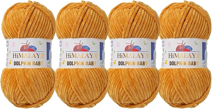 4 Skein/Pack Himalaya Dolphin Baby Chenille Yarn, Each Ball 100 gr (3.5 oz), 120 m (132 Yards), 100% Polyester, Super Bulky Baby Blanket Velvet Amigurumi Yarn, 80330 - Mustard Yellow